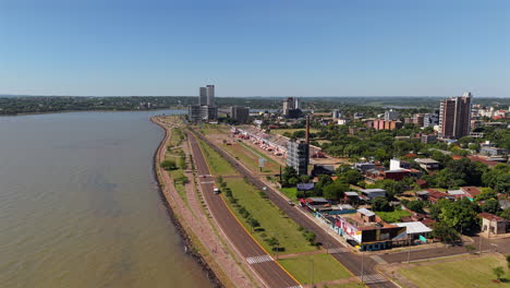 panoramic view of scenic waterfront of encarnación and iconic sambadrome. cultural center. paraguay