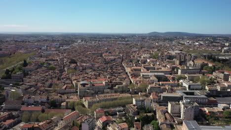 amazing drone aerial view over montpellier ecusson from beaux arts sunny day.