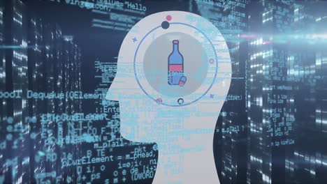 Animation-of-head-with-bottle-and-data-processing-on-black-background