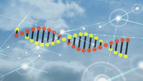 파란 하늘의 구름에 대한 프로파일 아이콘의 dna 구조 회전 및 네트워크
