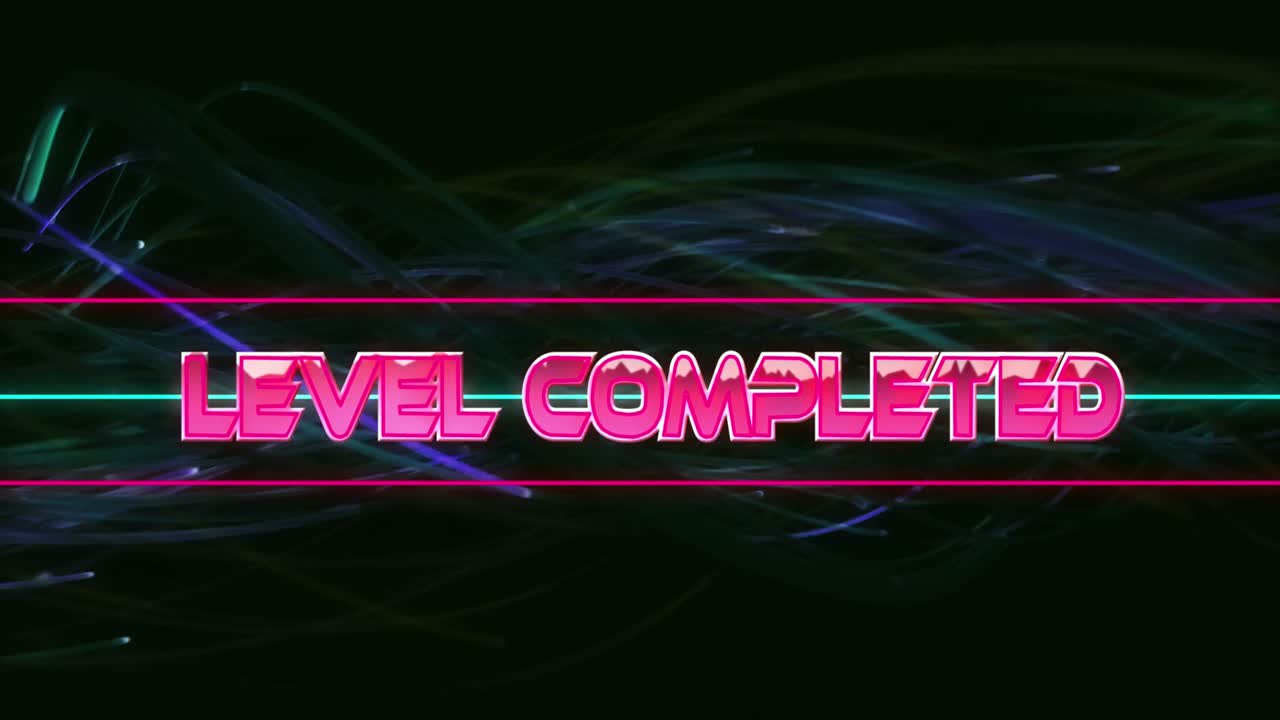 블랙 배경에 디지털 파동을 통해 레벨 완료 텍스트의 디지털 애니메이션