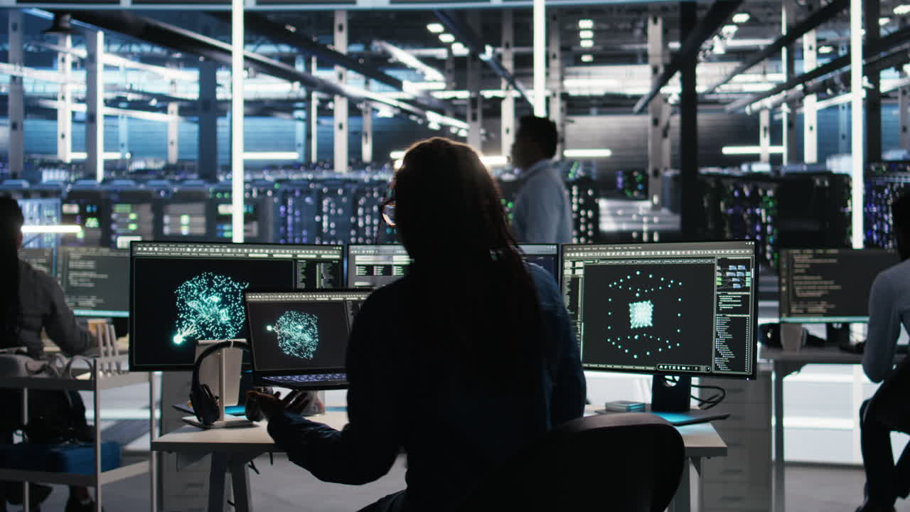 Data center programmer entering office uses node tree program