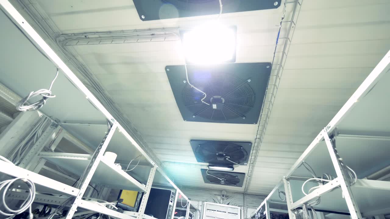 Fila di miner di bitcoin installati su scaffali cablati. Concetto di mining di criptovaluta. Farm di Bitcoin. Macchine per il mining di criptovaluta, bitcoin.