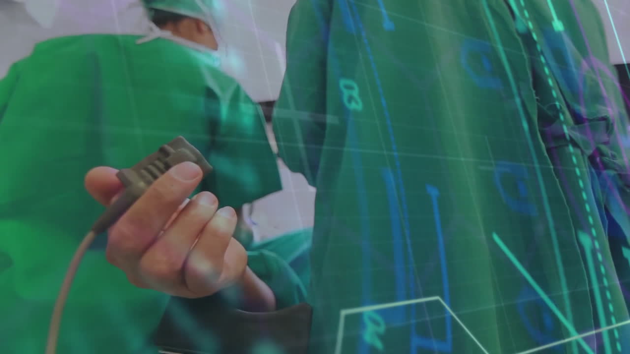 Surgeons in operating room with medical data processing animation overlay
