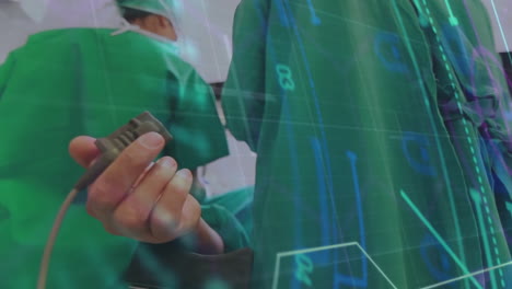 surgeons in operating room with medical data processing animation overlay