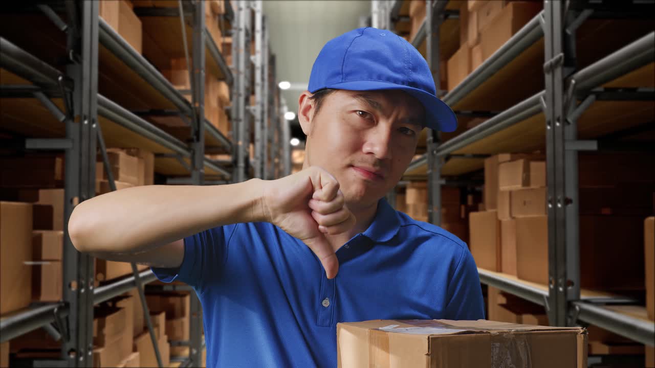 trabajador de entrega decepcionado con un paquete en un almacén