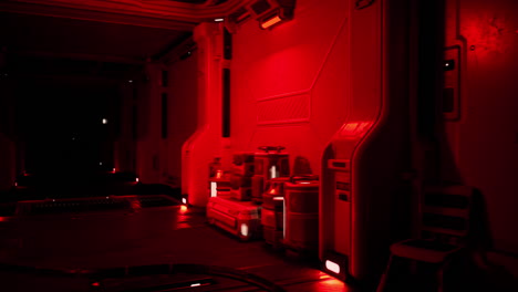 a dark and futuristic spaceship interior with red lighting. there are some containers along the wall.