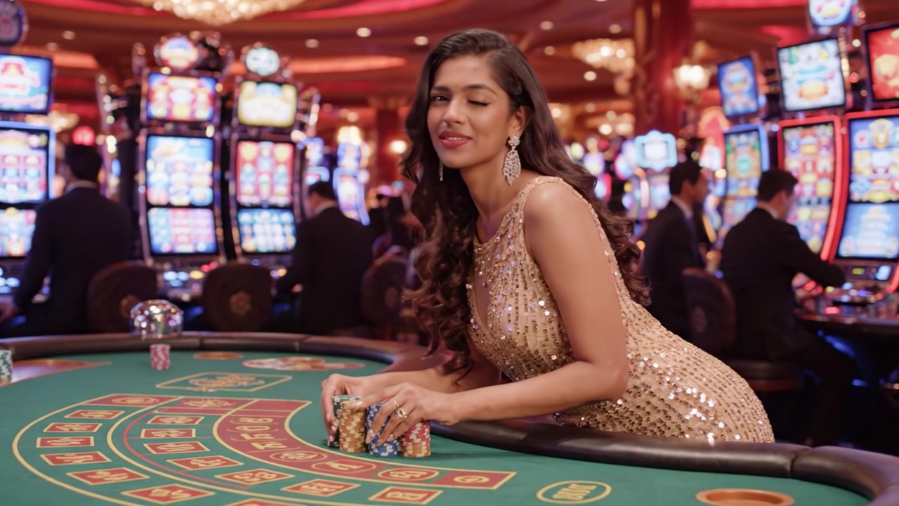 Donna elegante in abito scintillante che si gode una serata al casinò, circondata da luci vivaci e gioco ad alte puntate, catturando l'eccitazione e il glamour dell'esperienza del casinò