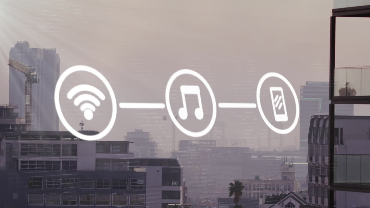 animación de la red de wifi y iconos de medios sobre el paisaje urbano moderno
