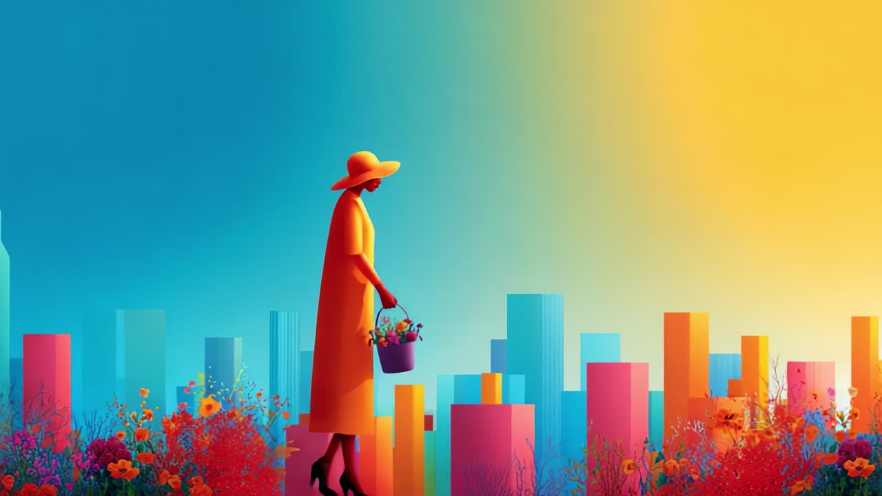 A vibrant silhouette of a woman in a yellow dress and hat, tending to flowers against a colorful urban skyline, symbolizing harmony between nature and city life