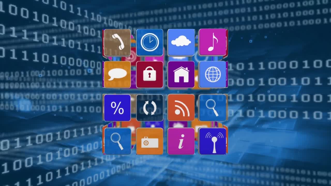 Internet icons for social media in cube with binary codes