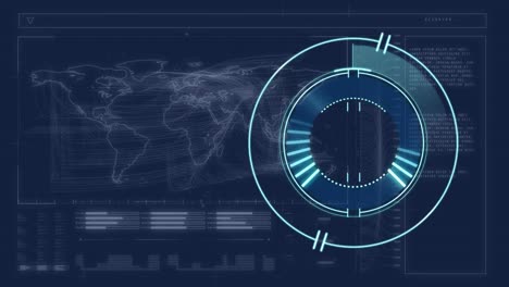 Animación-Del-Círculo-De-Procesamiento-Sobre-Fondo-Azul-Con-Datos-Diversos-Y-Mapa-Mundial