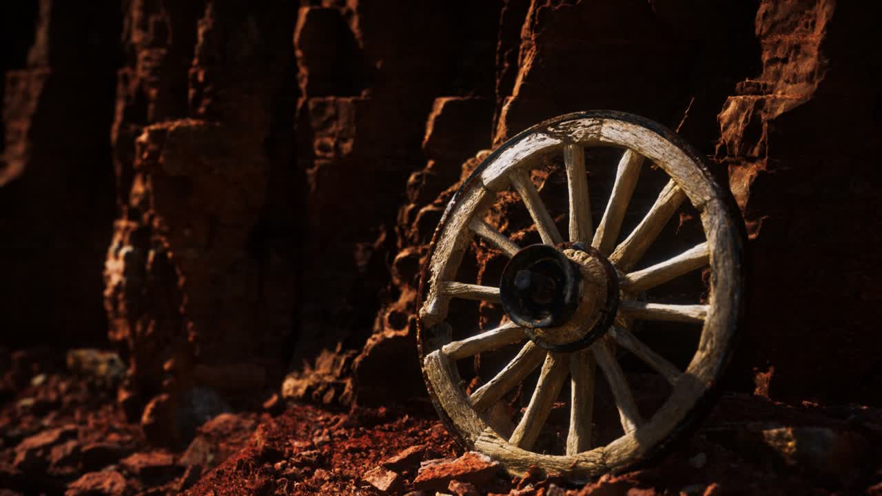 старое деревянное колесо тележки на каменных скалах