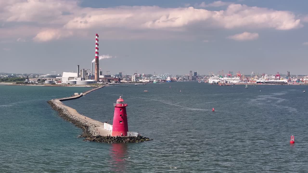 Poolbeg Lighthouse on South Wall and Dublin Port, industrial landscape. Aerial drone
