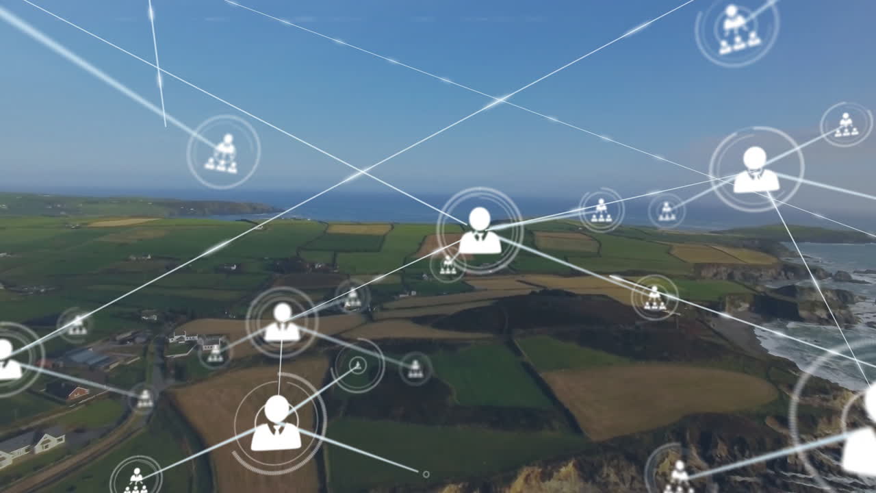 Processing data and connections, animation over landscape with network visualization