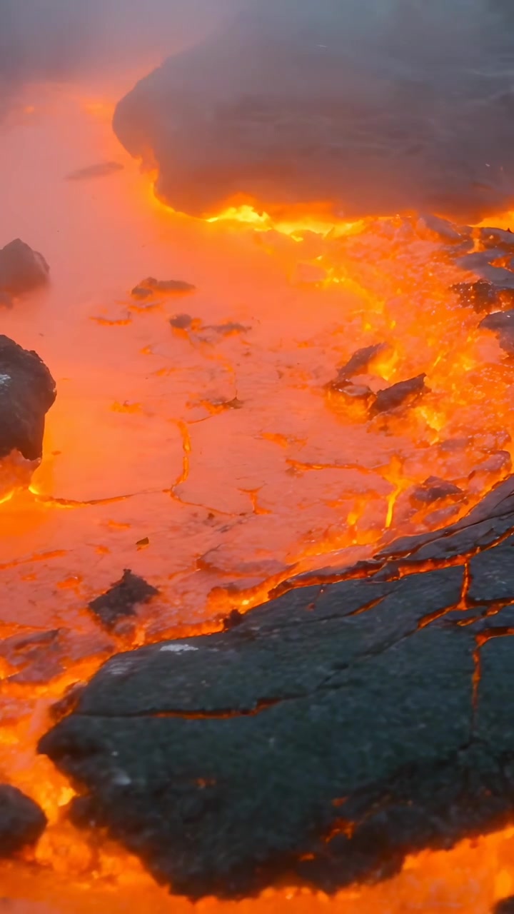 Vidéo verticale: Lave en fusion refroidissant, formant une croûte de basalte sombre sur une coulée volcanique, dégageant de la vapeur
