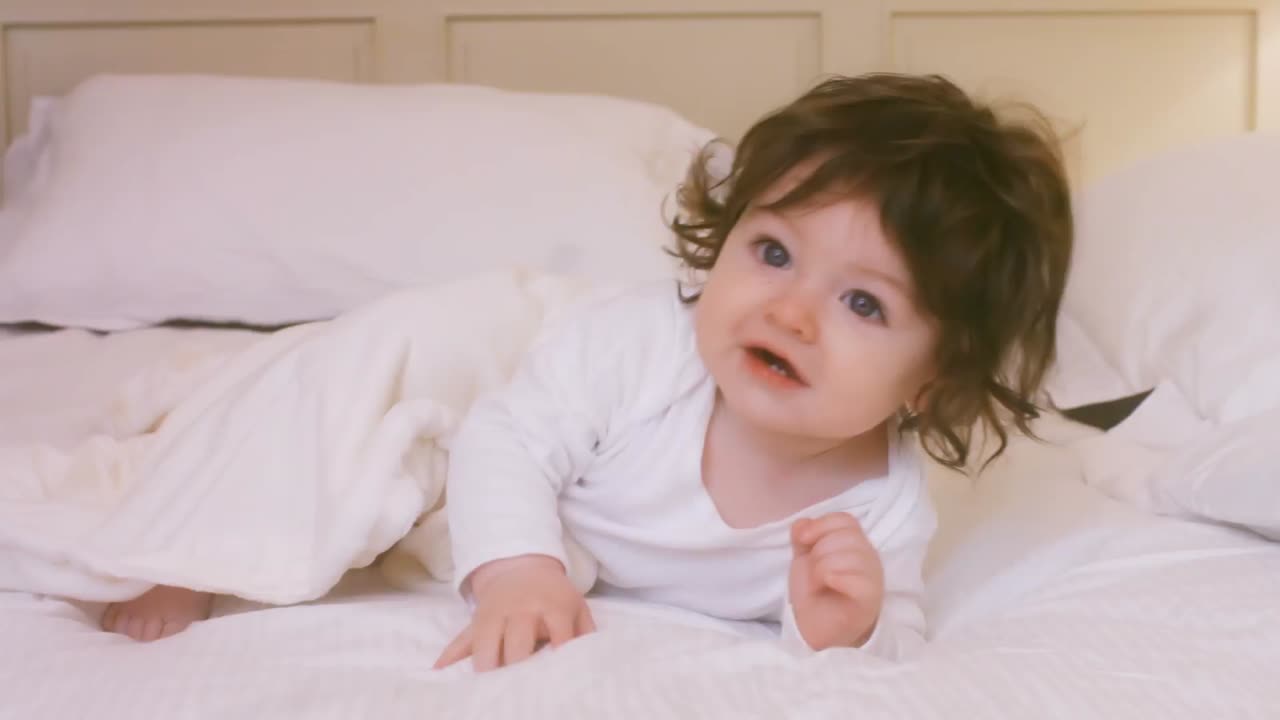 침대 위에서 놀고 있는 귀여운 아기