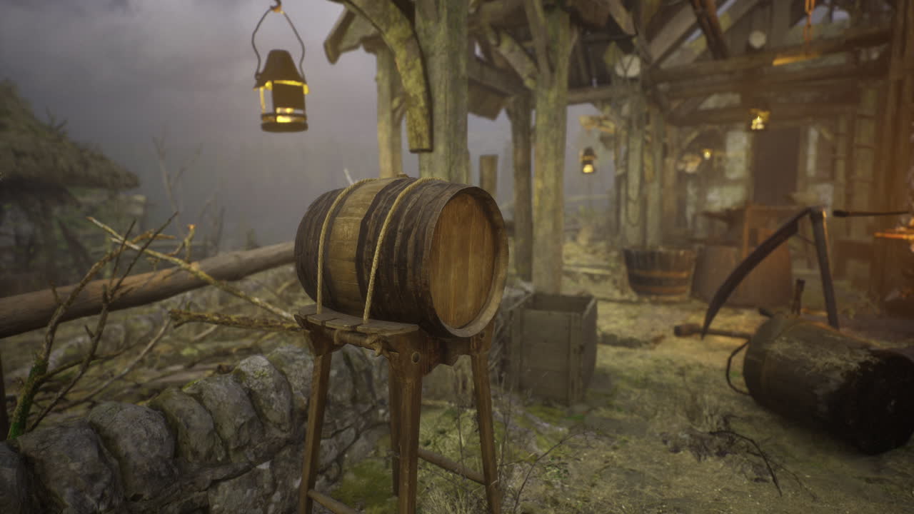 랜턴과 돌로 된 요소와 함께 시골 워크의 나무 배럴