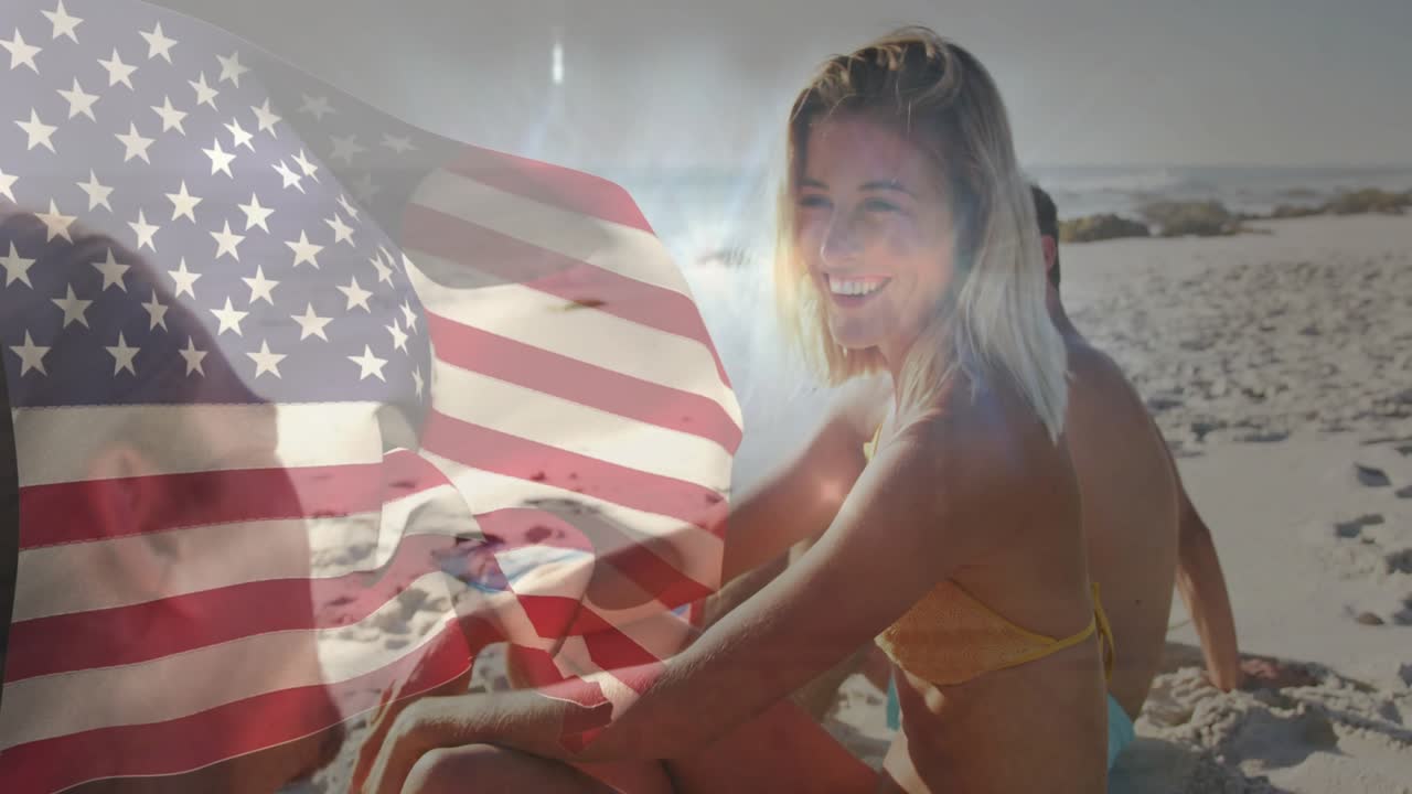 Wind causing flag overlay waving front woman yellow bikini turning smiling travel ad capturing mood