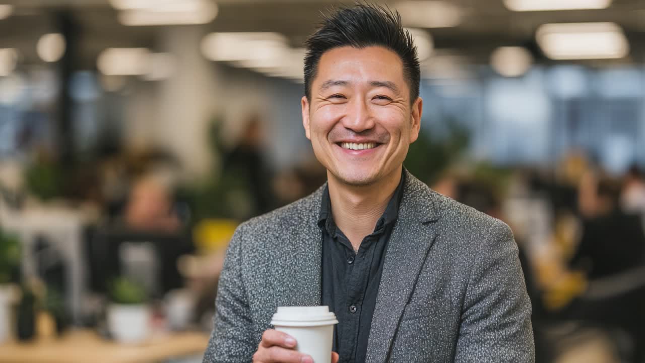 A Joyful Person in an Office Setting Holding a Coffee Cup While Smiling, Captured in Two Frames Signifying a Positive Work Environment