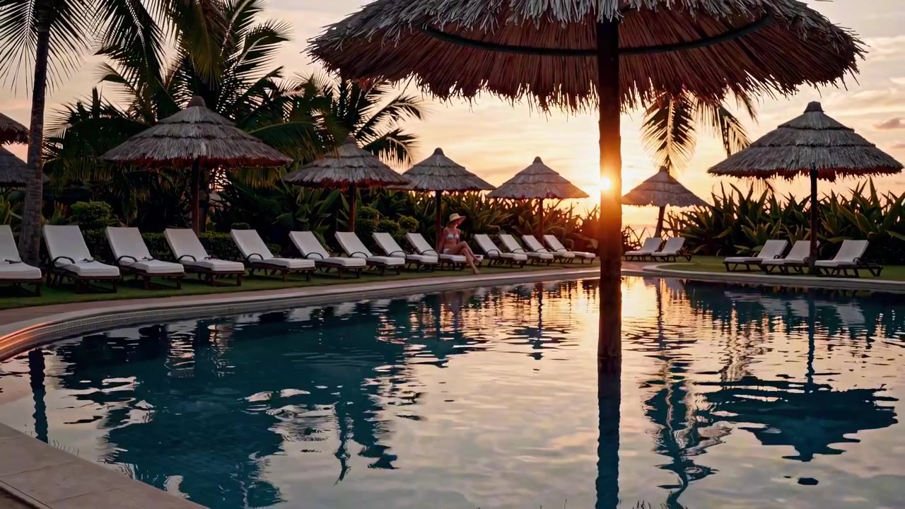 Kvinde slapper af ved swimmingpoolen på et tropisk resort ved solnedgang