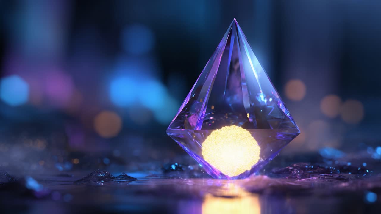 A mesmerizing crystal pyramid radiates ethereal light and magical sparkles, showcasing stunning reflections and an enchanting glow that captivates the viewer's imagination