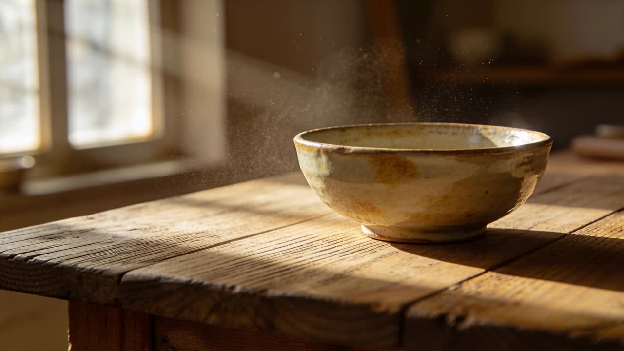 Streaming sunbeam through multi-pane window warming ceramic bowl on wood table, showing steam, dust