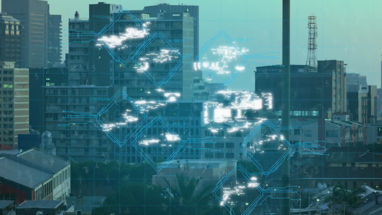 도시 풍경의 공중 시야에 대한 여러 디지털 아이콘의 애니메이션