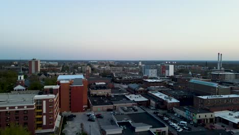 Downtown-City-Buildings-in-American-Midwest-Town-of-Columbia,-Missouri---Aerial