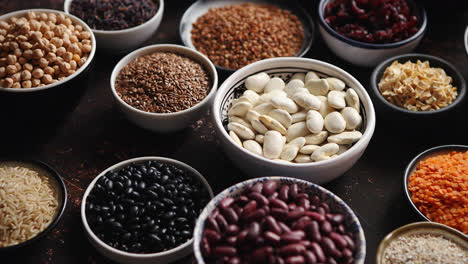 Various-superfoods-in-smal-bowls-on-dark-rusty-background