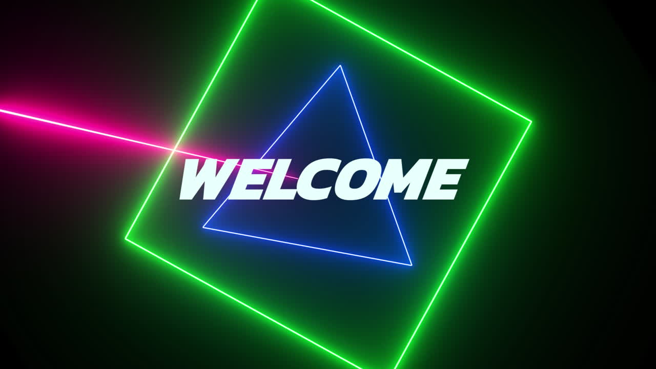 Animation of welcome text in white with colourful rotating neon shapes scanning on black