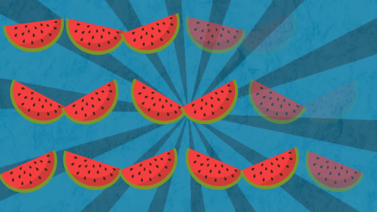 animación de una sandía sobre un fondo a rayas azules