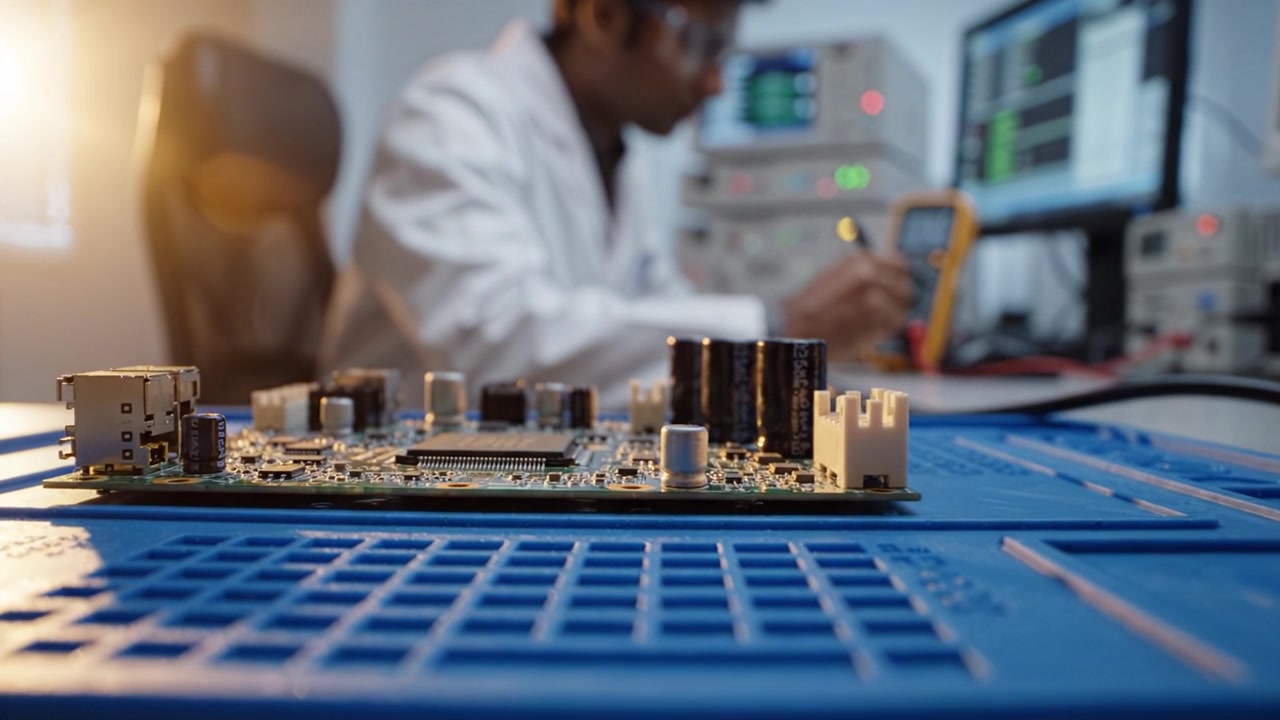 Expert Technician Analyzing Circuit Board in Modern Lab Setting with Advanced Equipment and Clear Focus on Electronic Components and Measurement Processes