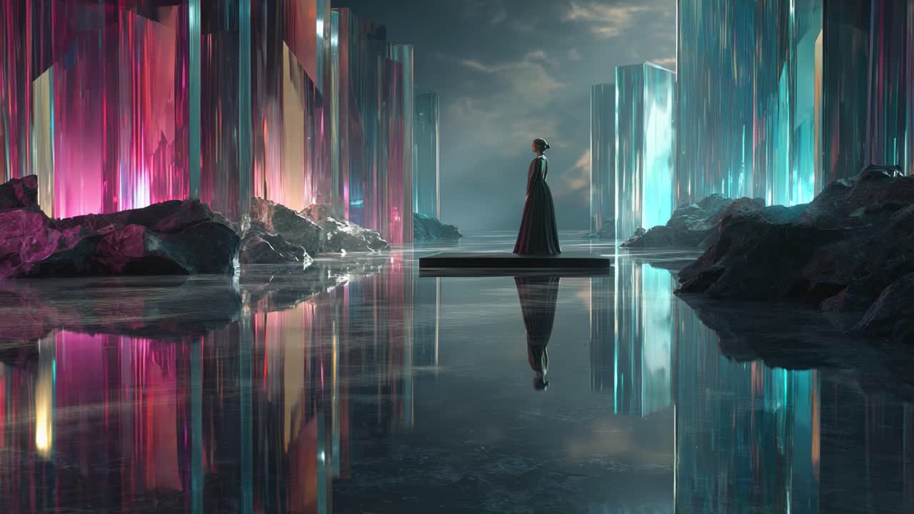 A Majestic Figure Standing Amidst a Stunning Landscape of Reflected Lights and Geometric Forms, Emanating a Sense of Mystery and Serenity in a Fantastical Environment