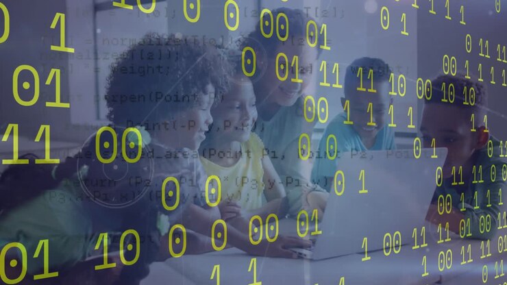 Animation of data processing over biracial teacher with diverse schoolchildren