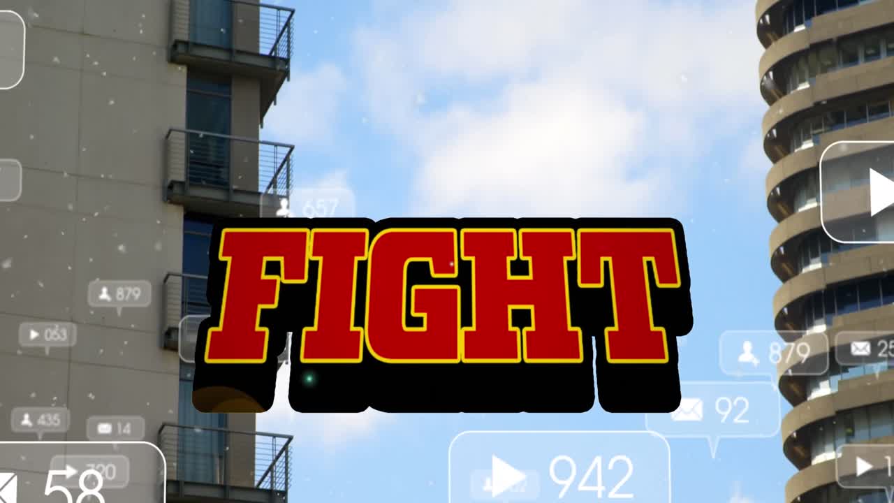 animación de texto de lucha y números que crecen sobre el paisaje urbano