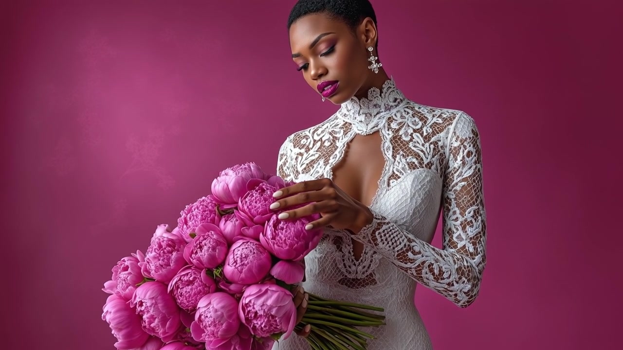 Donna elegante in un indumento di pizzo bianco che tiene un grande bouquet di vivaci fiori di peonia rosa.
