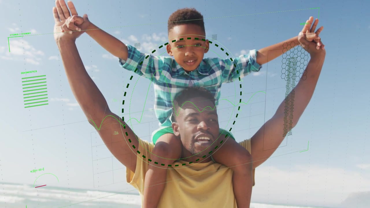 Dad carrying son on shoulders beach, reaching up causing dad steadying him, tech HUD circling heads