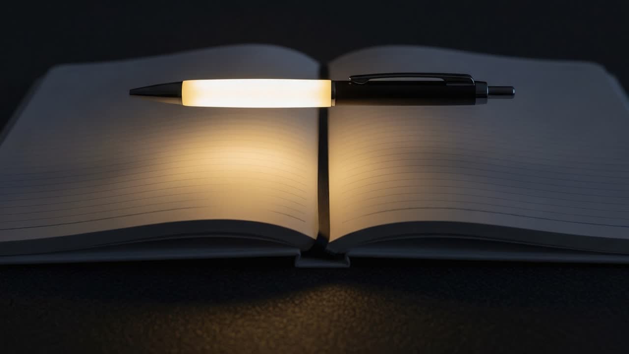 A Glowing Pen Over an Open Notebook: Capturing the Tranquility of Writing in a Dimly Lit Environment to Inspire Creativity and Reflection