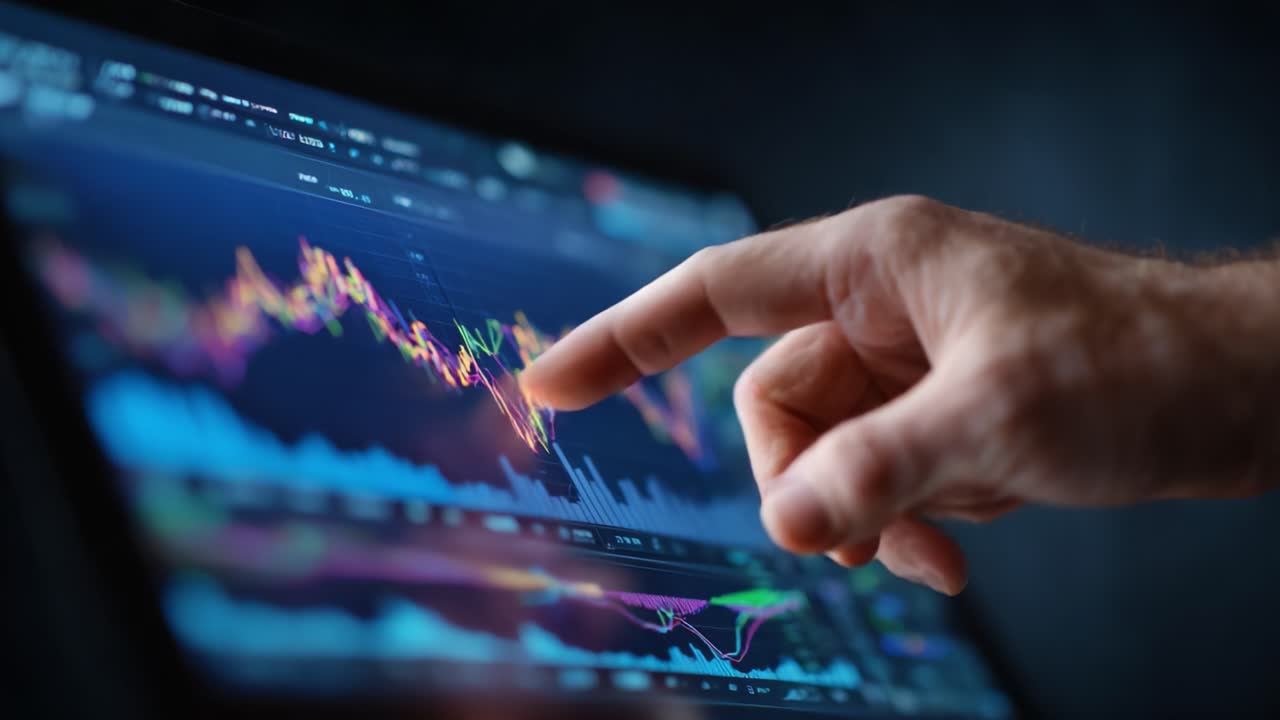 Analyzing Financial Data: A Close-Up on Hand Gestures Over Interactive Charts and Graphs Displaying Market Trends and Insights