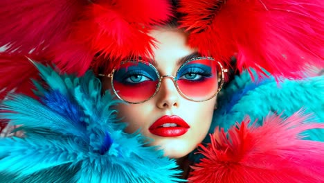 una mujer con una boa de pluma roja y azul y gafas de sol