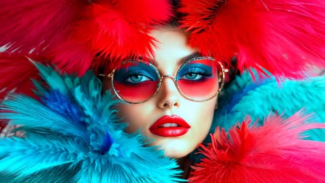 a woman wearing a red and blue feather boa and sunglasses