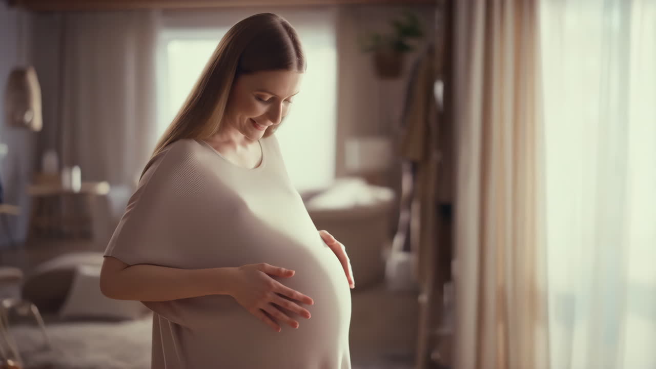 A pregnant woman smiles and gently touches her belly at home