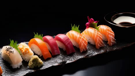 colorful nigiri sushi varieties spreading across dark slate plate, featuring delicate fish cuts accompanied by small soy sauce bowl, highlighting traditional japanese culinary artistry