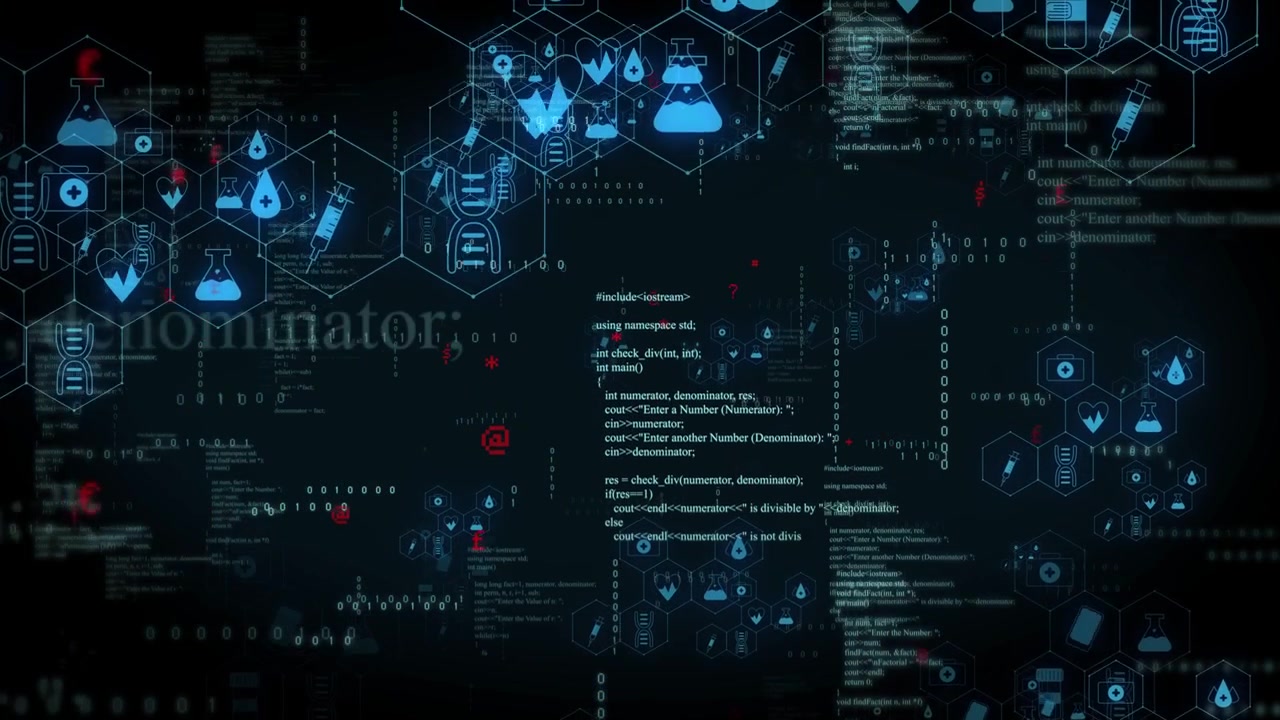 Data feed arriving, biotech UI populating hexgrid, pulsing icons, scrolling code, revealing data