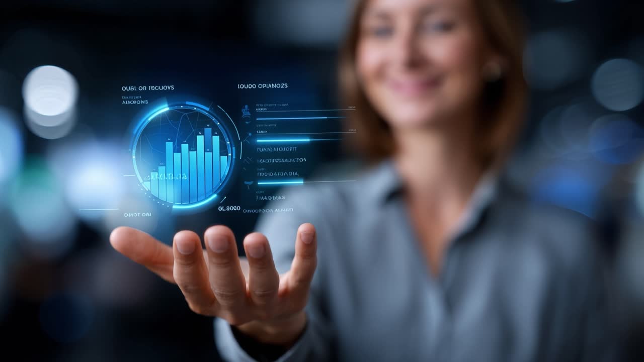A businesswoman displays digital data and analytics through a holographic interface, showcasing growth metrics and visual representations of performance trends