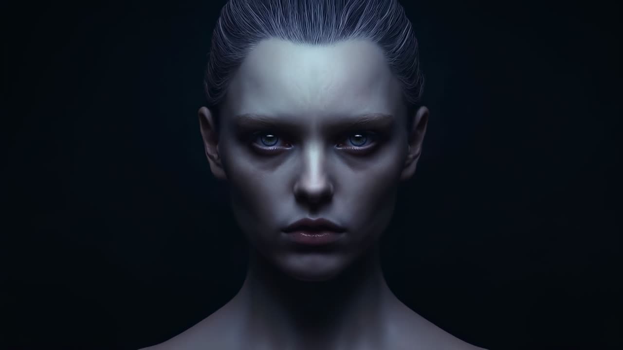 Allontanamento della camera, donna con sguardo diretto nello studio, viso in primo piano, spalle scoperte, luce fredda