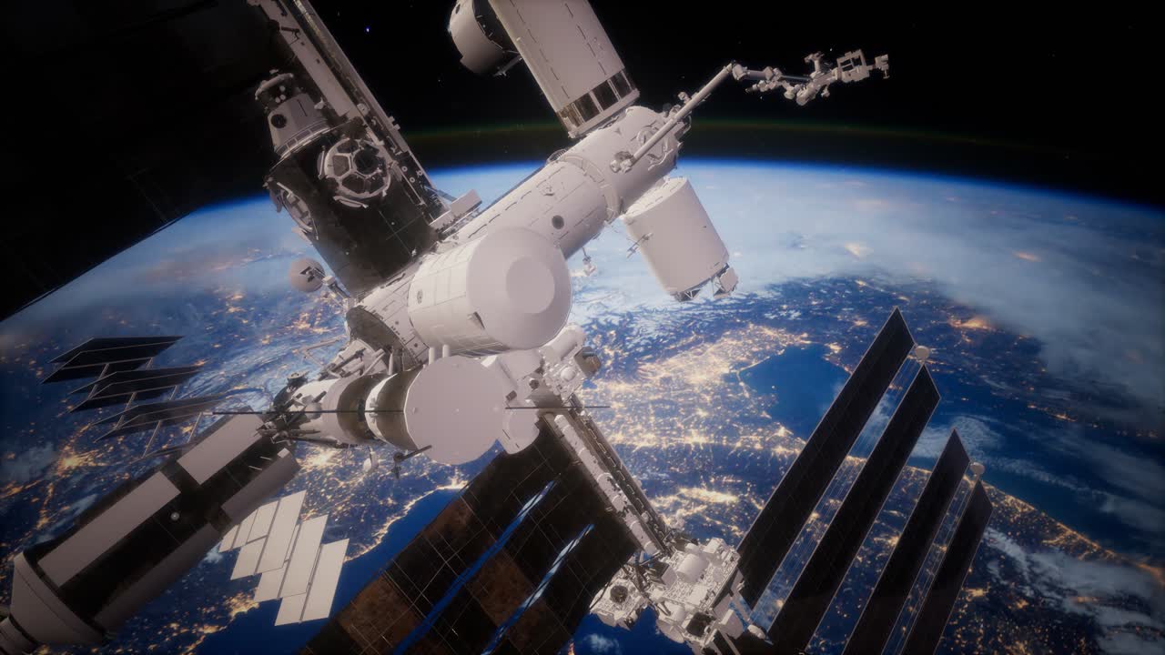 una vista de la tierra y una nave espacial. iss está orbitando la tierra