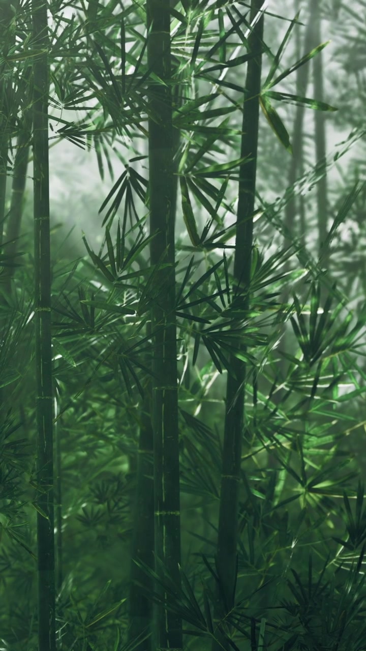Foresta di bambù avvolta nella nebbia alla luce del primo mattino vicino a un sentiero tranquillo
