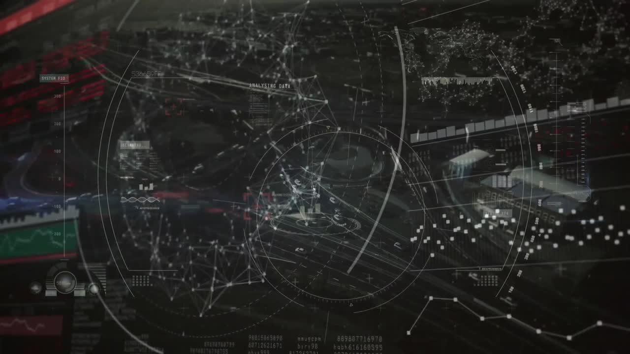 도시 풍경 위의 범위 스캐닝과 데이터 처리 애니메이션